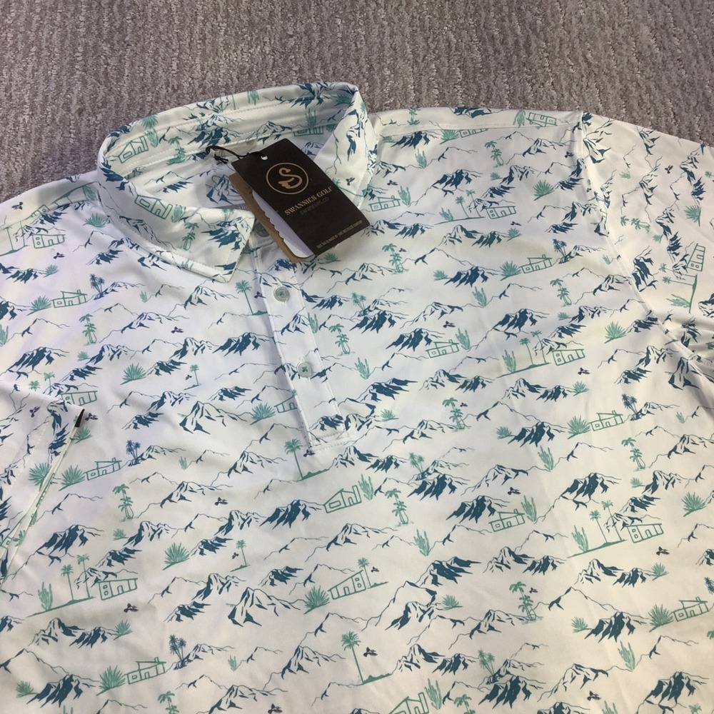 Swannies Golf Lawrence Golf Polo Mens XL White‎ Desert Mountain Print NWT